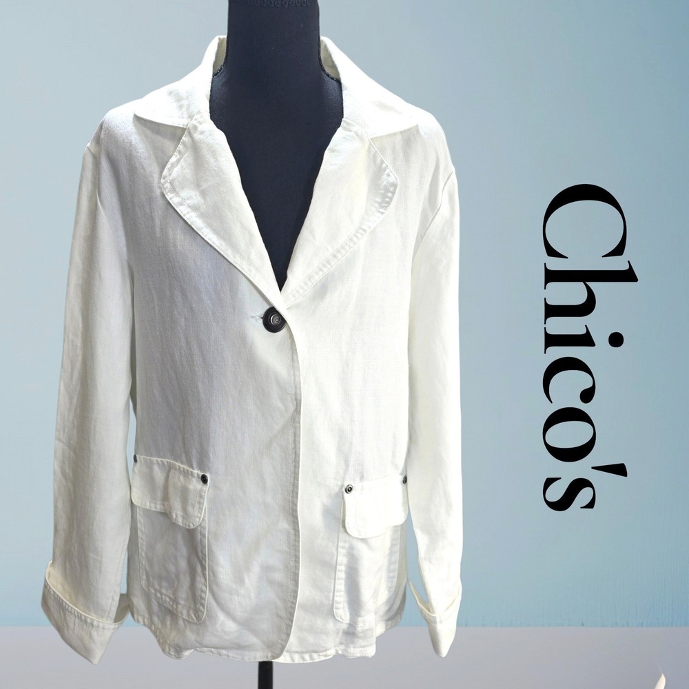 Chico's Blazer Womens 2 White Ramie Cotton Single Button Utility Jacket Coastal